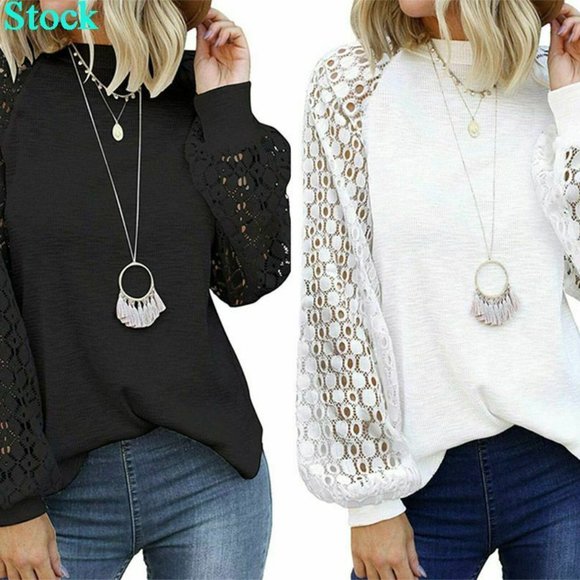 Women Long Sleeve Tops Lace Casual Loose Blouses T Shirts Round Neck Stitching - Picture 8 of 8